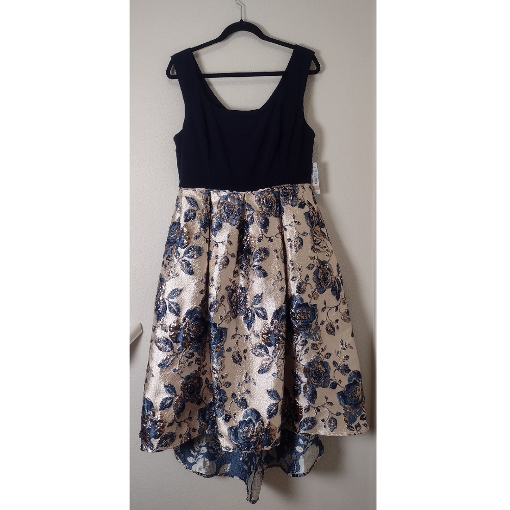 R&M Richards NWT Metallic Floral Brocade High Low Midi Dress Navy Size 12 - Picture 2 of 16